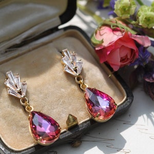 Vintage Art Deco Earrings, Pink Crystal Teardrop Earrings, Bridal Bride Earrings, Mother of the Bride, Bridesmaid Gifts, Deco Jewelry 1920s
