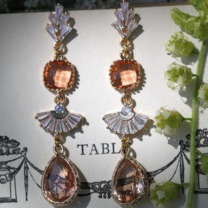 Peach Bridal Earrings, Statement Art Deco Wedding Earrings, Coquette Jewelry, 1920s Geometric Teardrop Earrings, Cottagecore Bridal Jewelry