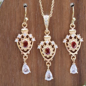 Regency Ruby Red Dangle Earrings, Dainty Cottagecore Bridal Jewelry Set, Bridesmaid Gifts