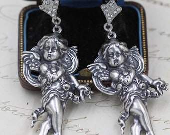 Viktorianische Silber Engel Cherub Ohrclips: Himmlische Hochzeit, Cottagecore Schmuck