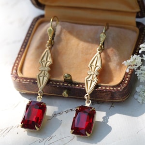Red Art Deco Crystal Dangle Earrings: Vintage Gold Shield Bridal Jewelry