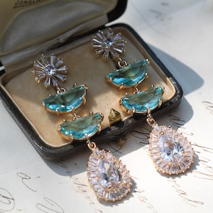 Statement Turquoise Crystal Earrings, Snowflake Art Deco Earrings, Aquamarine Bride Wedding Earrings, Gatsby Long Dangle Earrings, Jewelry