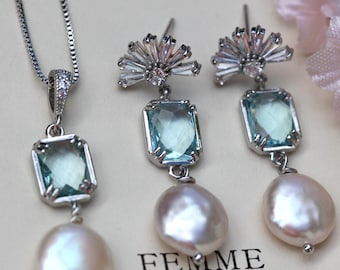 1920s Pearl Wedding Earrings Necklace, Something Blue, Art Deco Baguette Pearl Bridal Jewelry