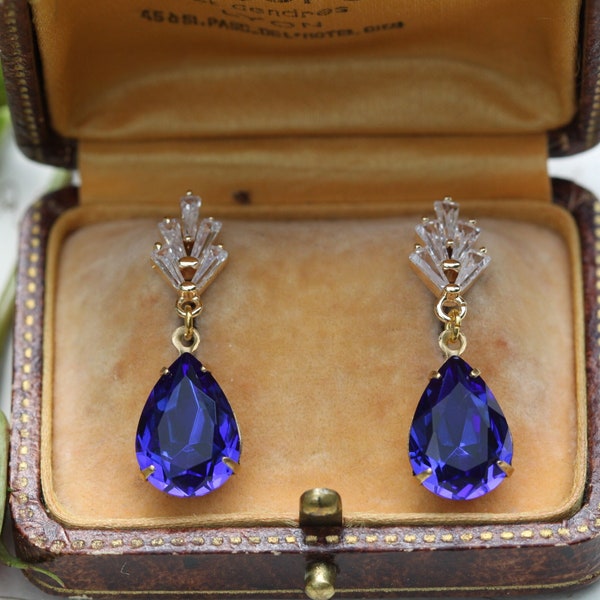 Sapphire Teardrop Earrings, Blue Bridal Earrings, Art Deco Bride Earrings, Prom Dangle Earrings, Dainty Crystal Earrings, Bridesmaid Gifts