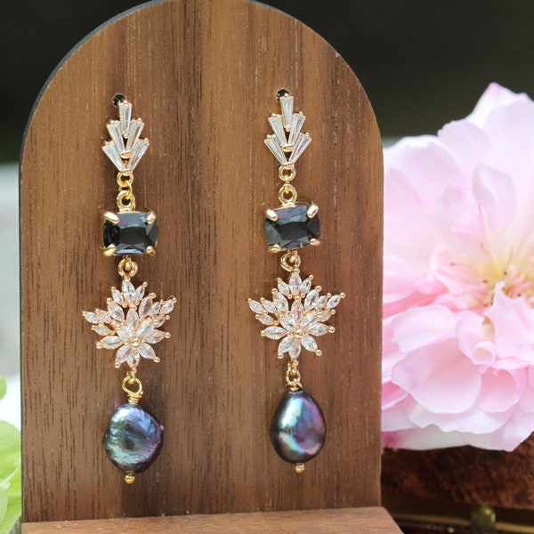 Peacock Pearl Statement Earrings, Black Pearl Drop Earrings, Art Deco Gold Pearl Earrings, Mother of Bride Groom, Boho Bridal Earrings