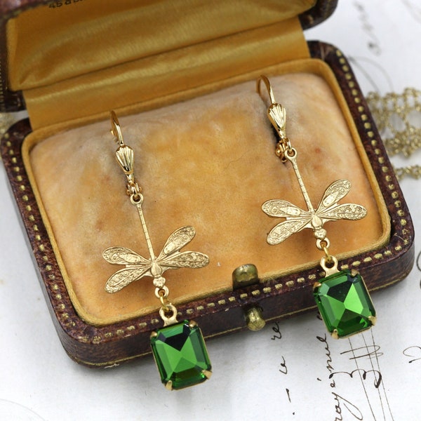 Victorian Dragonfly Earrings, Art Nouveau Moth Earrings, Emerald Crystal Earrings, Bridesmaid Gifts, Bohemian Homemade Jewelry, 60th Birthda