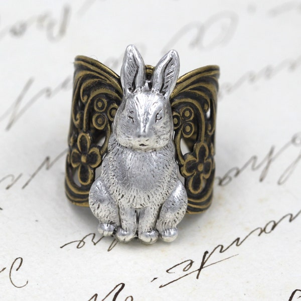 Coquette Bunny Rabbit Ring, Art Nouveau Brass Ring, Adjustable Cocktail Ring, Chunky Gold Ring, Unique Statement Rings, Best Friend Gift