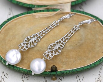 Orecchini pendenti con perle lunghe, orecchini d'argento in filigrana, orecchini vittoriani, orecchini da sposa, Bridgerton, regalo da damigella d'onore, gioielli antichi