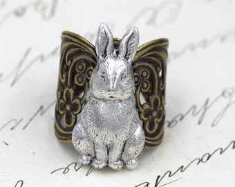 Coquette Bunny Rabbit Ring, Art Nouveau Brass Ring, Adjustable Cocktail Ring, Chunky Gold Ring, Unique Statement Rings, Best Friend Gift