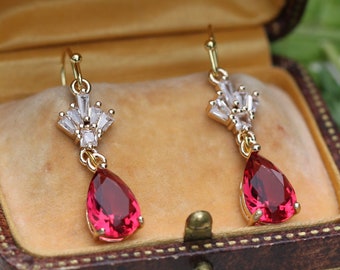 Art Deco Ruby Earrings, Red Crystal Teardrop Earrings, 1920s Dainty Prom Earrings, Bridesmaid Gifts, Bridal Jewelry, Mother of Bride, Gatsby