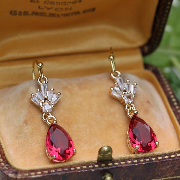 Art Deco Ruby Earrings, Red Crystal Teardrop Earrings, 1920s Dainty Prom Earrings, Bridesmaid Gifts, Bridal Jewelry, Mother of Bride, Gatsby