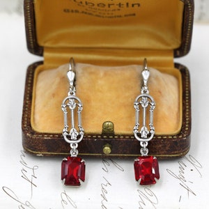Art Deco Ruby Earrings, Red Crystal Earrings, Bridesmaid Gifts, Bride Bridal Earrings, Silver Dangle Earrings, 1920s Art Deco Jewelry