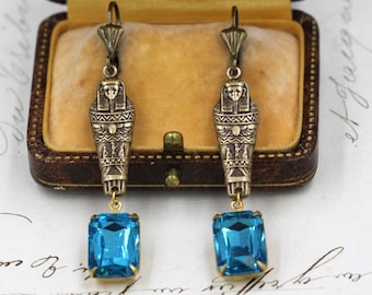 Turquoise Crystal Egyptian Earrings, Sarcophagus Charm, Antiqued Gold