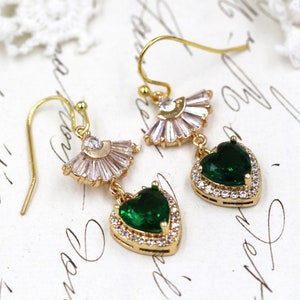 Art Deco Fan Earrings, Emerald Green Earrings, Heart Dangle Earrings, Bride Bridesmaid Earrings, The Great Gatsby, 1920s Art Deco Jewelry