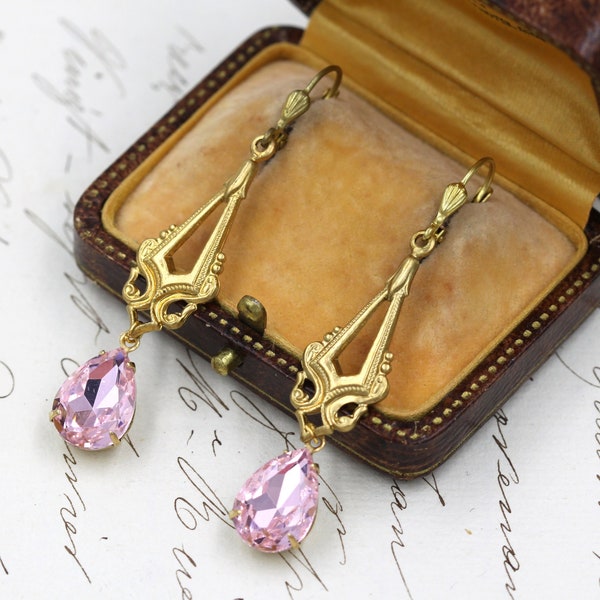 Victorian Gold Dangle Earrings, Pink Teardrop Crystal Earrings, Bridesmaid Gifts, Cute Bride Earrings, Mother of Bride, Edwardian Jewelry,