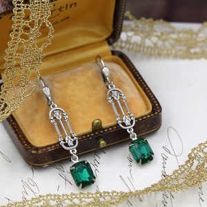 Vintage Art Deco Earrings, 1920s Emerald Wedding Earrings, Silver Rose Drop Earrings, Mother of Bride, Green Crystal Earri, Art Deco Jewelry