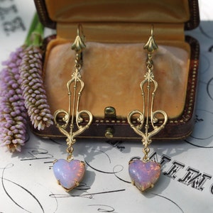 Art Nouveau Heart Earrings, Pink Opal Earrings, Coquette Jewelry, Mother of the Bride Earrings, Bridesmaid Gifts, Antique Art Deco Earrings