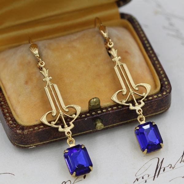 Vintage Art Deco Earrings, Sapphire Wedding Earrings, Blue Sapphire Dangle Earrings, 1920s Prom Earrings, Downton Abbey, Art Deco Jewelry