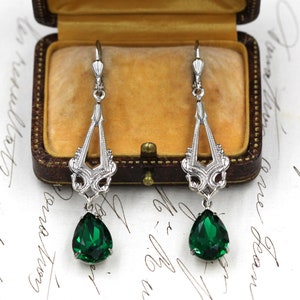 Emerald Green Earrings, Silver Teardrop Earrings, Victorian Leverback Earrings, Bridesmaid Jewelry, Best Friend Gift, Long Drop Crystal Earr