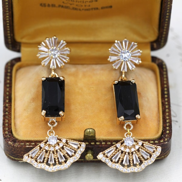 Art Deco Black Earrings, Crystal Flower Earrings, Gold Snowflake Earrings, 1920s Wedding Bride earrings, Bridesmaid Gifts, Art Deco Jewelry