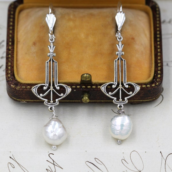 Art Deco Pearl Bride Earrings, Silver Pearl Drop Earrings, Vintage 1920s Bridal Earrings, Bridesmaid Gifts, Art Deco Jewelry, Downton Abbey