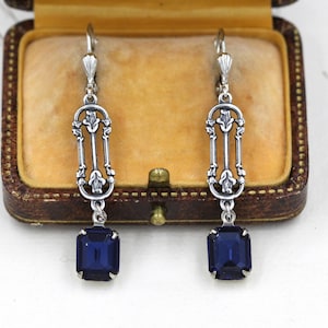 Vintage Art Deco Earrings, 1920s Wedding Earrings, Silver Rose Bridal Earrings, Navy Blue Dangle Earrings, Downton Abbey, Bridal Jewelry