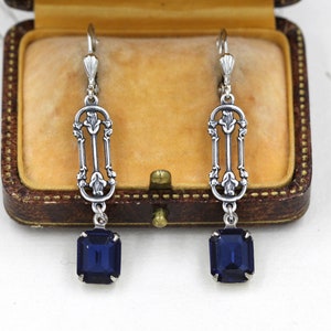 Vintage Art Deco Earrings, 1920s Sapphire Wedding Earrings, Navy Blue Bridal Earrings, Dainty Silver Rose Earrings, Bridesmaid Gifts Jewelry