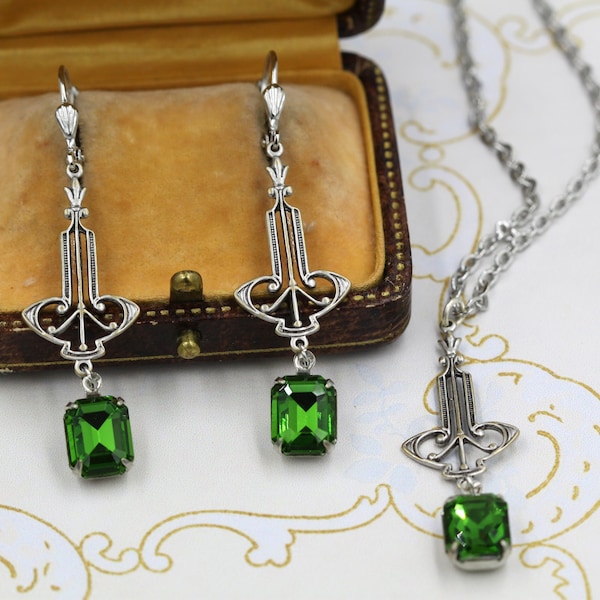 Green Bride Jewelry Set, Art Deco Necklace Earrings, Olive Green Crystal Earrings, Bridesmaid Gifts, Mother of the Bride, Silver Emerald Ear