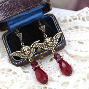 Victorian Earrings, Red Teardrop Earrings, Cherub Angel Dangle Earrings, Best Friend Gift, Whimsical Earrings, Bohemian Homemade Jewelry