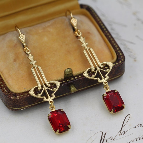 Art Deco Ruby Earrings, Red Crystal Dangle Earrings, 1920s Great Gatsby Earrings, Antique Gold Bridal Earrings, 1920s Wedding Jewelry