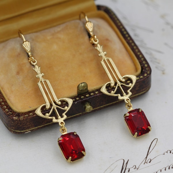 Art Deco Ruby Red Crystal Dangle Earrings, Antique Gold Bridal Jewelry