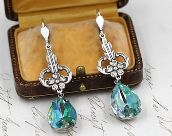 Vintage Art Nouveau Earrings, 1920s Antique Silver Aquamarine Earrings, Art Nouveau Jewelry, Art Deco Flower Earrings, Bridesmaid Gifts