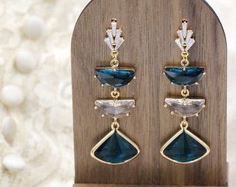 Teal Blue Earrings, Art Deco Earrings, Mother of the Bride Earrings, Geometric Statement Earrings, Boho Bridal Earrings, Bridesmaid Jewelry