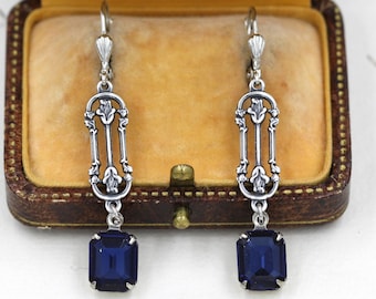 Vintage Art Deco Dangle Earrings, Sapphire Silver Rose, 1920s Navy Blue Wedding