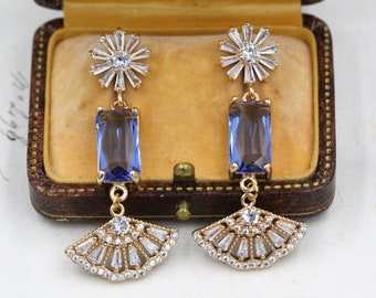 Boucles d'oreilles flocon de neige saphir, boucles d'oreilles fleurs en cristal art déco, quelque chose de bleu, boucles d'oreilles mère de la mariée, bijoux déco, cadeaux de demoiselle d'honneur