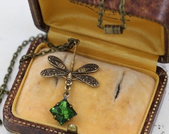 Dragonfly Necklace, Victorian Green Crystal Necklace, Bridesmaids Gifts, Homemade Bohemian Jewelry, Renaissance Moth Necklace, Vintage Insec