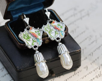 Bird Pearl Earrings, Fun Hummingbird Earrings, 1920s Silver Drop Earrings, Nature Lover Gift, Homemade Summer Jewelry, Shabby Chic Novelty