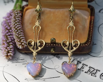 Art Nouveau Heart Earrings, Pink Opal Earrings, Cottagecore Coquette Jewelry, Mother of Bride, Bridesmaid Gifts, Antique Art Deco Wedding