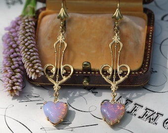 Art Nouveau Heart Earrings, Pink Opal Earrings, Coquette Jewelry, Mother of the Bride Earrings, Bridesmaid Gifts, Antique Art Deco Earrings