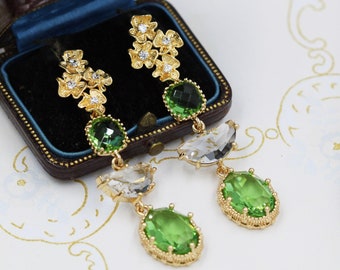 Peridot Green Earrings, Baroque Flower Earrings, Long Drop Statement Earrings, Boho Bridal Earrings, Olive Green Gold Earrings, Regency