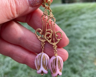 Pink Tulip Flower Earrings, Art Nouveau Gold Earrings, Bride Bridal Earrings, Mother of the Bride, Bridesmaid Jewelry, Best Friend Gift