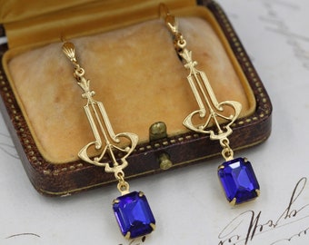 Vintage Art Deco Sapphire Blue Crystal Earrings, Gold Geometric Bridal Bridesmaid Jewelry