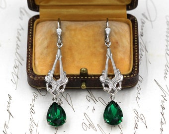 Emerald Green Earrings, Silver Teardrop Earrings, Victorian Leverback Earrings, Bridesmaid Jewelry, Best Friend Gift, Long Drop Crystal Earr