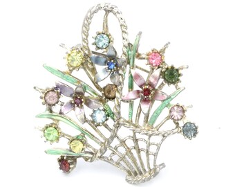 Antique Garnet and Marcasite Giardinetti Flower Floral Basket Sterling Silver Brooch Pin Bristol Blue Glass Vase