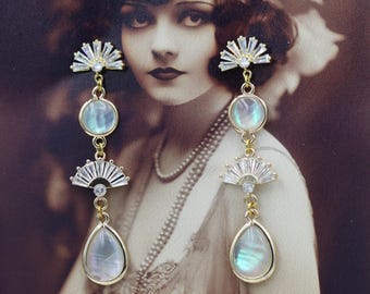 Art-déco-Ohrringe aus Perlmutt, Ohrringe im Stil der 1920er-Jahre (Gatsby, Flapper), Brautgeschenk