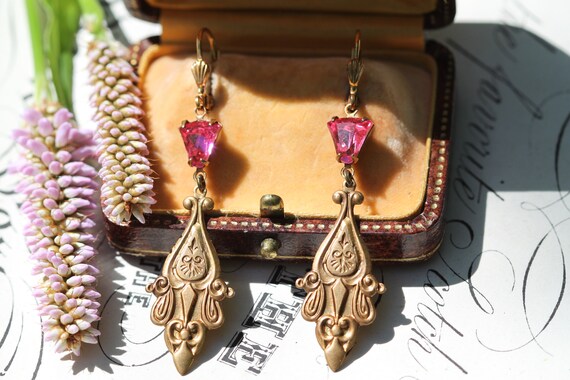 Vintage Victorian Earrings, Pink Crystal Earrings… - image 3