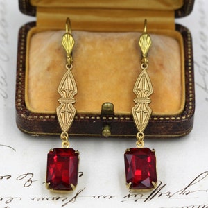 Art Deco Earrings, Red Crystal Earrings, Ruby Dangle Earrings, Bridesmaid Gifts, Mother of Bride, Victorian Gold Earrings, Art Deco Jewelry