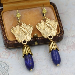 Bird Earrings Lapis Lazuli, Victorian Gold Blue Earrings, Wildlife Gifts, Art Deco Earrings, Renaissance Bohemian Jewelry, Cute Fun Earrings