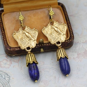 Vintage Victorian Bird Earrings, Lapis Lazuli, Gold Art Deco Jewelry