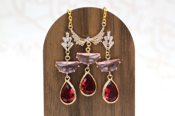 Pink Fuchsia Art Deco Earrings, Bridgerton Wedding Earrings, Magenta Bridal Jewelry Set